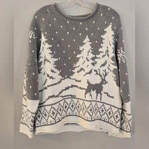 Vintage Cottage Cove Sweater Women's Size L, Long Sleeve 40% Cotton Grey White